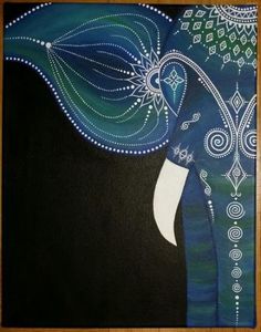 an elephant painted on a black background with blue and white designs in the back ground