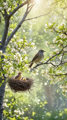 two birds sitting on top of a nest in the middle of a tree filled with white flowers