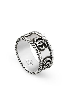 Rope twist details add texture to this iconic sterling silver band ring with an aged finish. Style Name:Gucci Gg Band Ring. Style Number: 6245727. Gucci Fine Jewelry White Gold Rings, Gucci White Gold Fine Jewelry Ring, Gucci White Gold Ring In Fine Jewelry Style, Classic Gucci Engraved White Gold Ring, Gucci Fine Jewelry Ring, Gucci Luxury Silver Rings, Luxury Silver Gucci Rings, Gucci White Gold Sterling Silver Ring, Classic Gucci Sterling Silver Rings