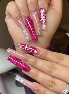 Pink Bling Valentine Nails, Birthday And Valentines Nails, Valentines Day Nails Acrylic Stiletto, Feb Nails Valentines Day, Nail Ideas For Valentines Day, Valentines Acrylic Nails, Short Acrylic Nails Almond, Nails Short Acrylic, Acrylic Nails Almond