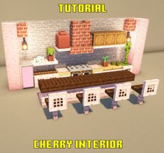 an image of a kitchen in minecraft with the words cherry interior on it's side