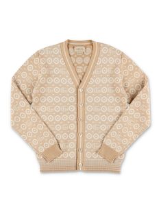 Double G Cardigan By Gucci. Featuring: Double G Geometric Cotton Jacquard V-neck Front Button Closure Striped Rib Trim Long Sleeves Composition: 100% cotton Gucci Designer Jacquard Knit Cardigan, Designer Gucci Jacquard Knit Cardigan, Gucci Designer V-neck Cardigan, Gucci Beige Long Sleeve Sweater, Beige Gucci Long Sleeve Sweater, Gucci Jacquard Knit Cardigan For Fall, Classic Gucci V-neck Cardigan, Gucci V-neck Winter Outerwear, Gucci Long Sleeve Jacquard Knit Cardigan