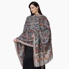 Elevate your style with the Kashmiri Kalamkari Wrap in Black, a unique hand painted scarf crafted from luxurious Merino wool. Experience the beauty of traditional kalamkari art with this must-have accessory. 100% Fine Merino Wool Hand Aari Work Embroidery Outing Kalamkari wraps are hand painted and augmented with intricate hand embroidery on the print of the wrap. One Size: 28 Inch (Width) X 80 Inch (Length) | (71 cm X 203 cm) Ideal & Elegant gift Choice! solve your gifting worries today with so Aari Work Embroidery, Kalamkari Art, Hand Painted Scarves, Painted Scarf, Wool Wrap, Clothing And Textile, Aari Work, Elegant Gift, Luxury Fabrics