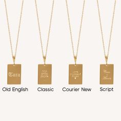 Your personalized message will be front and center with the Walker Necklace, featuring your choice of message centered on a rectangular pendant, set on a glimmery chain. From angel numbers, to the names of your BFFs or loved ones, this necklace is the perfect gender-neutral statement piece that's still delicate to layer everyday. 14k Gold Fill or Sterling Silver Pendant Dimension: 0.7 x 0.5" Length: 16" + 2" ext Text Specifications: Max 6 characters/line. Special characters may include hearts. E Dainty Personalized Yellow Gold Charm Necklace, Personalized Yellow Gold Brass Necklaces, Personalized Gold-tone Gold Plated Charm Necklace, Personalized Yellow Gold Brass Necklace, Customizable Gold Dog Tag Necklace, Holiday Promotions, Simple Reminders, Jewelry Studio, Engraved Necklace