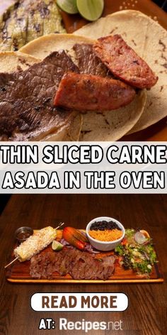 there are two different types of food on the table, one is sliced carne and the other is asda in the oven