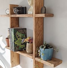 two wooden shelves with books and plants on them