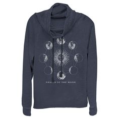 Take your everyday style to the next level with this lovely new Juniors' Cowl Neck Sweatshirt Top from Lost Gods! This pretty navy sweatshirt features a crescent moon with a human face encircled by the eight moon phases along with the text "Phases of the Moon" printed below in white font. Grab this new graphic sweatshirt today and make everything from workouts to running errands, or even just lounging around the house a little extra chic! Long Sleeve Cotton Tops With Moon Print, Long Sleeve Cotton Top With Moon Print, Cotton Long Sleeve Tops With Moon Print, Fall Cotton Top With Moon Print, Cotton Tops With Moon Print For Fall, Cotton Top With Moon Print For Fall, Phases Of The Moon, Cowl Neck Sweatshirt, Kids Pattern