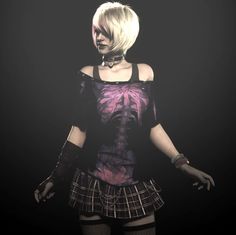 a woman with short blonde hair wearing a purple shirt and plaid skirt standing in front of a black background