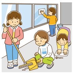 children cleaning the floor with brooms and mop in front of them, while an adult looks on