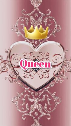 a heart with a crown on top and the words queen written in pink above it