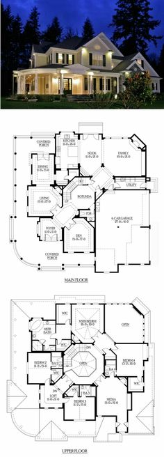 two story house plans with an open floor plan and large front porch, in the evening