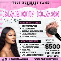 a flyer for a makeup class with an image of a woman's face and brush