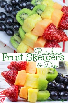 fruit skewers and dips on a white plate with strawberries, kiwis, blueberries