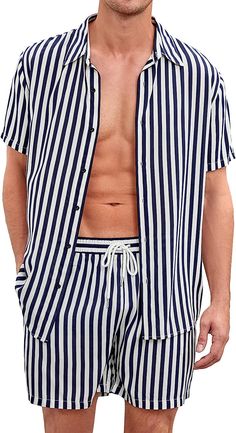 This stylish set from is perfect for summer. The short sleeve shirt and shorts combo features a classic black and white striped pattern, giving you a vintage retro look. The light fabric keeps you comfortable while looking great. 100% Rayon Imported Button closure Machine Wash The mens short sleeve summer beach outfits made of lightweight and soft fabric, give you comfortable and nature skin feel, anti-shrink, helping sweat evaporates faster in the summer.