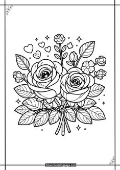 a coloring page with roses and hearts