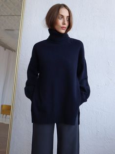 Women Wool Sweater With Side Slits Navy Blue Turtleneck Sweater Knitted Jumper Gift for Her One Size Sweater - Etsy Australia Navy Blue Turtleneck, Blue Turtleneck Sweater, Sweater With Side Slits, Purple Pencil Skirt, Blue Turtleneck, Wool Sweaters Womens, Woolen Sweaters, Turtleneck Pullover, Wool Pullover