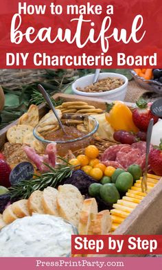 a wooden box filled with different types of cheese and crackers on top of it