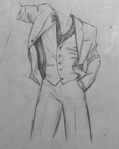 a drawing of a man in a suit and tie with his hands on his hips