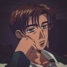 an anime character with brown hair and glasses looking at the camera while holding his hand to his face