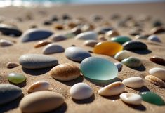 many different colored rocks and shells on the sand