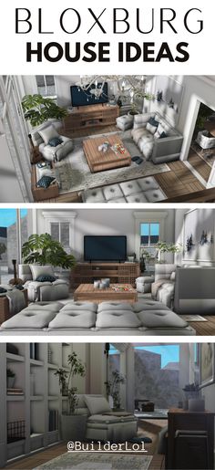 three different views of a living room with couches, tables and television in it