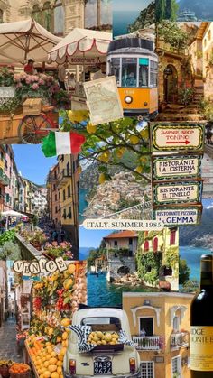 a collage of pictures with food, wine and other things to see in italy