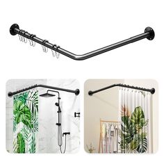 an image of a shower curtain rod with two hooks on each side and a green plant in the background