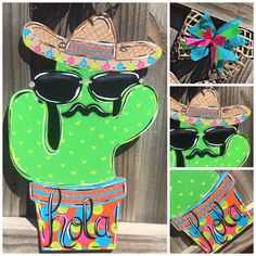 a green cactus wearing sunglasses and a hat