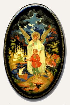 an image of the virgin mary and child jesus on a painted oval plate with gold trim