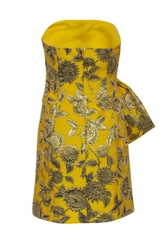 This Lela Rose mini dress is the perfect piece to set your holiday outfit ablaze! With a stunning yellow and gold floral jacquard, you'll make a bold statement at your next gala. Style this showstopper with chic pumps and a sleek clutch for maximum sparkle! Let's dance. Size 6 Shell 80% Polyester, 11% Polyamide, 9% Metallized Polyester Lining 100% Polyester Invisible back zipper Strapless bodice Side bow detail Bust 36" Waist 34" Length 27.5" Gold Jacquard Party Dress, Gold Mini Dress For Festive Formal Occasions, Festive Gold Mini Dress For Formal Events, Yellow Formal Dress For Party Season, Formal Gold Jacquard Dress, Summer Party Jacquard Mini Dress, Sleeveless Jacquard Mini Dress For Summer, Gold Knee-length Dress For Gala, Summer Cocktail Jacquard Dresses