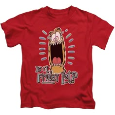 a red t - shirt with an image of a cartoon character that says let's friday