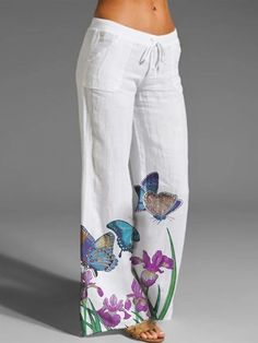 White Casual Butterfly Printed Pants with Pockets - Azzlee Non-stretch White Cotton Bottoms, White Casual Bottoms With Pockets, Casual White Bottoms With Pockets, White Bottoms With Pockets And Loose Fit, White Wide Leg Summer Pants With Pockets, White Non-stretch Wide Leg Pants, White Non-stretch Wide-leg Pants, White Pants With Pockets For Spring, White Ankle-length Pants With Pockets