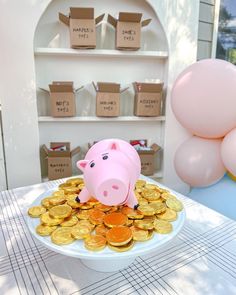 Toy Story's Hamm sitting on chocolate gold coins on a dessert table at toy story themed birthday party Toy Story Fifth Birthday, Toy Story Birthday Bbq, 4 Toy Story Birthday, 2nd Birthday Party Toy Story, Toys Story First Birthday, Toy Story Aesthetic Birthday, Toy Store Birthday Party Ideas, Easy Diy Toy Story Cake, 3 Year Birthday Theme Toy Story