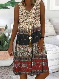 Gray Casual V Neck Colorblock Half Sleeve Dresses - Dresses - Azzlee Boho Chique, Midi Tank Dress, Yellow Midi Dress, 2023 Trends, Mini Dress Fashion, Trends 2023, Floral Graphic, Spring Fabric, Ethnic Dress