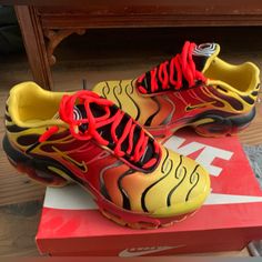 Yellow & Redish 4.5y (6 Women’s) Practically Brand New Only Worn Few Times; Smoke Free Home Will Come With Original Box Send Me Offer!! Shox Shoes, Shoes Air Max, Nike Shox Shoes, Nike Shoes Air, Nike Shoes Air Max, Shoes Air, Nike Shox, Air Max Plus, Pin Up Art