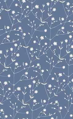 a blue and white floral pattern with small flowers on the top right side of the image