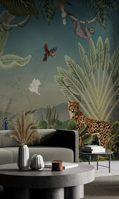 a living room with a leopard and birds mural on the wall