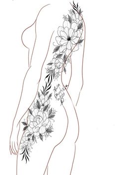 a woman's back with flowers and leaves on her arm, in black ink