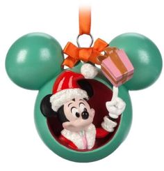 a mickey mouse ornament with a present in it