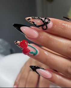 Short Nail Designs Fall 2024, Nail Inspo Winter 2024, Cherry Wine Nails With Design, Trendy Nail Inspo Almond, Nail Tech Pfp, Cherry Inspired Nails, Funky Winter Nails, Funky Acrylic Nails, Cherry Nails Acrylic