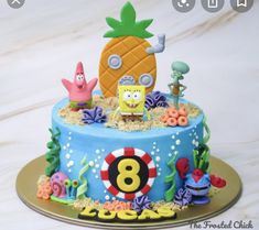 a spongebob themed birthday cake on a plate with the number 8 in it