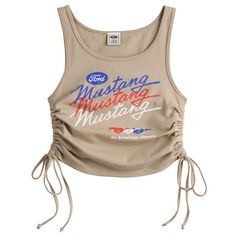 Brand New With Tags, Officially Licensed Women's Juniors Size Graphic Sleeveless Tee In Tan Fabric With Stylish Drawstring Gathered Sides And Printing On The Chest With The Ford Logo In Blue And White With The Mustang Name Below Repeated In Blue, Red, And White Script, With Three Mustang Horses Below In The Same Colors And "An American Classic" Underneath. Mustang Horses, New Ford Mustang, Teal Tank Top, Ford Logo, Tan Fabric, Vintage Tank Top, Long Tank Tops, Vintage Tank, Sleeveless Tee