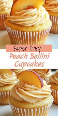 some cupcakes with white frosting and peaches on top are shown in this collage