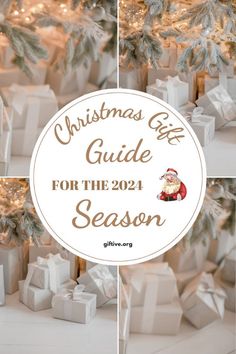 the christmas gift guide for the 2021 season with presents and trees in front of it