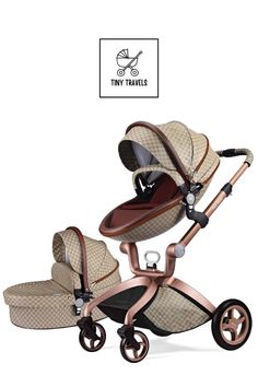 the tiny travel stroller is shown in beige and brown