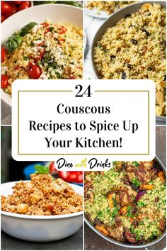 Collage of 4 couscous recipes. What Goes With Couscous, Flavored Couscous Recipes, Steak And Couscous Recipes, Sausage And Couscous Recipes, Leftover Couscous Recipes, Italian Couscous Recipes, Mediterranean Couscous Recipes, Creamy Couscous Recipes, Couscous Dinner Recipes