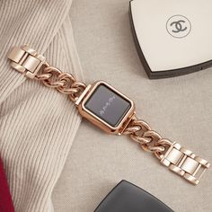 This is our Premium Gold Goddess Stainless Strap, an all time fave!  Crafted from premium stainless steel and twisted into elegant woven link chains, this watch strap elevates your Apple Watch with its luxurious look & feel. Each watch strap  is designed to fit your Apple Watch seamlessly straight from the box. It Trendy Rose Gold Stainless Steel Watches, Luxury Rectangular Metal Watch Bands, Luxury Metal Apple Watch Band, Luxury Metal Rectangular Apple Watch Band, Elegant Chain Link Bracelet Strap Watch Bands, Elegant Chain Link Bracelet Watch Bands, Luxury Gold Chain Link Watch Bands, Elegant Chain Link Bracelet Strap Apple Watch Band, Luxury Chain Link Watch Band With Bracelet Strap