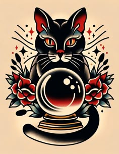 a black cat sitting on top of a clock surrounded by flowers