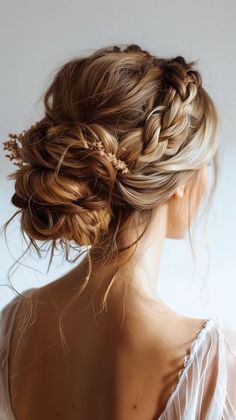 Long Hair Bridesmaids Hairstyles, Waterfall Braid Updo Wedding, Braid Hairstyle Bridesmaid, Formal Messy Bun Hairstyles, Braided Low Updo Wedding, Bride Braid Updo, Western Wedding Updo, Homecoming Hairstyles For Medium Length Updo, Easy Wedding Braid Hairstyles