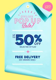 a blue paper bag with the text online pop up sale up to 50 % off